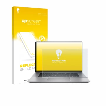 Vorderseite einer Produktverpackung mit dem Markenlogo upscreen. Daneben ist das Gerät HP Zbook Studio 16 G11 mit dem zugehöri
