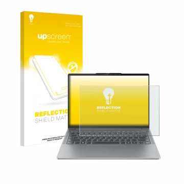 Vorderseite einer Produktverpackung mit dem Markenlogo upscreen. Daneben ist das Gerät Lenovo IdeaPad Pro 5 14AHP9 mit dem zug
