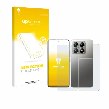 Vorderseite einer Produktverpackung mit dem Markenlogo upscreen. Daneben ist das Gerät Xiaomi 14T Pro (Display+Rückseite) mit 