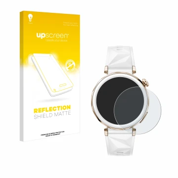 Vorderseite einer Produktverpackung mit dem Markenlogo upscreen. Daneben ist das Gerät Huawei Watch GT 5 Pro (42 mm) mit dem z
