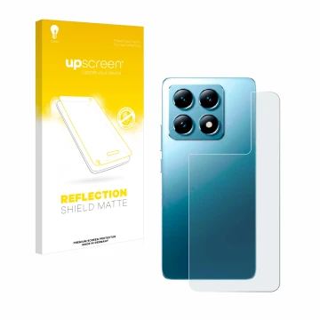 Vorderseite einer Produktverpackung mit dem Markenlogo upscreen. Daneben ist das Gerät Xiaomi 14T (Rückseite) mit dem zugehöri