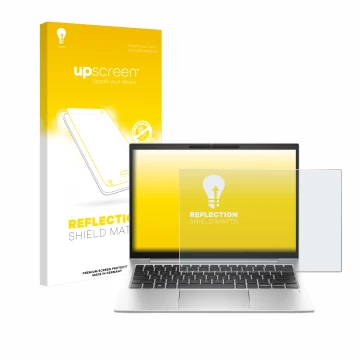 Vorderseite einer Produktverpackung mit dem Markenlogo upscreen. Daneben ist das Gerät HP EliteBook 830 G11 mit dem zugehörige