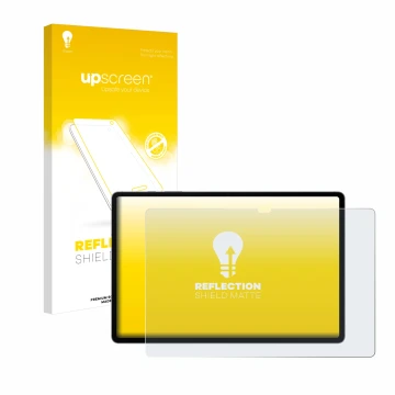 Vorderseite einer Produktverpackung mit dem Markenlogo upscreen. Daneben ist das Gerät Samsung Galaxy Tab S10 Plus WiFi mit de