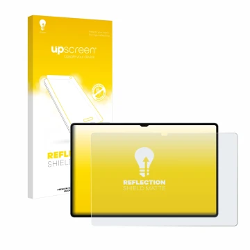 Vorderseite einer Produktverpackung mit dem Markenlogo upscreen. Daneben ist das Gerät Samsung Galaxy Tab S10 Ultra WiFi mit d