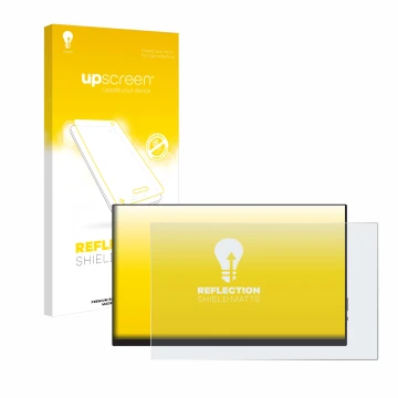 Vorderseite einer Produktverpackung mit dem Markenlogo upscreen. Daneben ist das Gerät Verbatim PMT-14 mit dem zugehörigen Dis