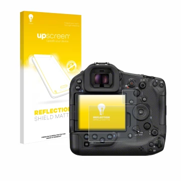 Vorderseite einer Produktverpackung mit dem Markenlogo upscreen. Daneben ist das Gerät Canon EOS R1 mit dem zugehörigen Displa