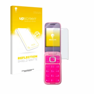 Vorderseite einer Produktverpackung mit dem Markenlogo upscreen. Daneben ist das Gerät HMD Barbie Phone mit dem zugehörigen Di