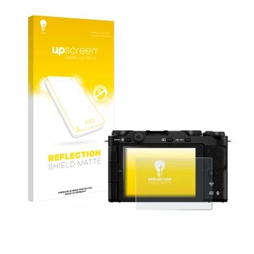 Vorderseite einer Produktverpackung mit dem Markenlogo upscreen. Daneben ist das Gerät Fujifilm X-M5 mit dem zugehörigen Displ