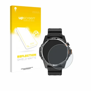 Vorderseite einer Produktverpackung mit dem Markenlogo upscreen. Daneben ist das Gerät Mobvoi Ticwatch Atlas mit dem zugehörig