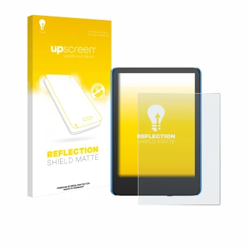 Vorderseite einer Produktverpackung mit dem Markenlogo upscreen. Daneben ist das Gerät Amazon Kindle Kids (2024) mit dem zugeh