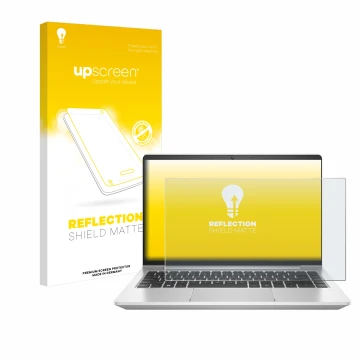 Vorderseite einer Produktverpackung mit dem Markenlogo upscreen. Daneben ist das Gerät HP ProBook 445 G9 mit dem zugehörigen D