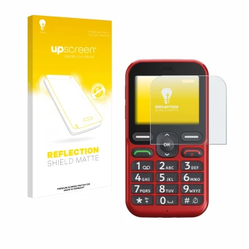 Vorderseite einer Produktverpackung mit dem Markenlogo upscreen. Daneben ist das Gerät Doro Leva L10 mit dem zugehörigen Displ