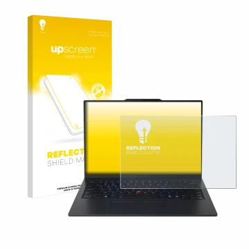 Vorderseite einer Produktverpackung mit dem Markenlogo upscreen. Daneben ist das Gerät Lenovo ThinkPad X1 Carbon Gen 13 14