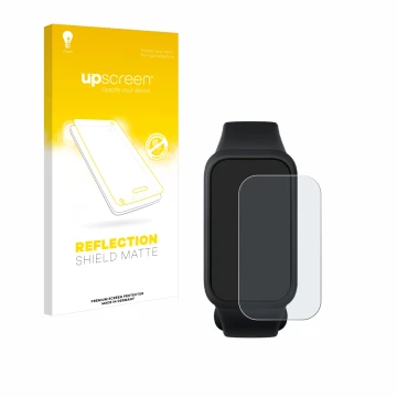 Vorderseite einer Produktverpackung mit dem Markenlogo upscreen. Daneben ist das Gerät Xiaomi Smart Band 9 Active mit dem zuge