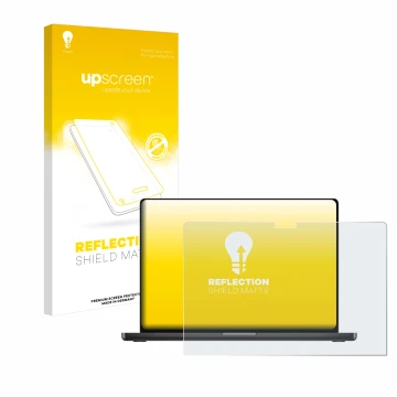 Vorderseite einer Produktverpackung mit dem Markenlogo upscreen. Daneben ist das Gerät Apple MacBook Pro 16