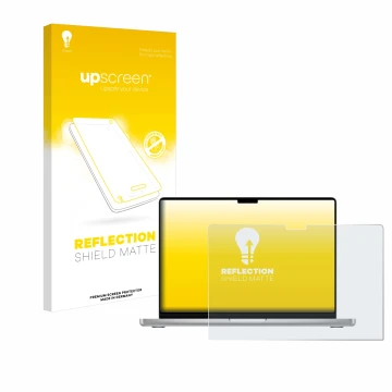 Vorderseite einer Produktverpackung mit dem Markenlogo upscreen. Daneben ist das Gerät Apple MacBook Pro 14