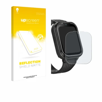 Vorderseite einer Produktverpackung mit dem Markenlogo upscreen. Daneben ist das Gerät RAYOFI Kids Smartwatch mit dem zugehöri