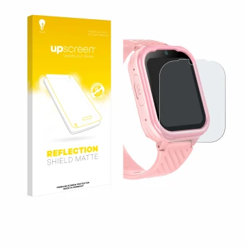 Vorderseite einer Produktverpackung mit dem Markenlogo upscreen. Daneben ist das Gerät Yuede Kids Smartwatch 1.83