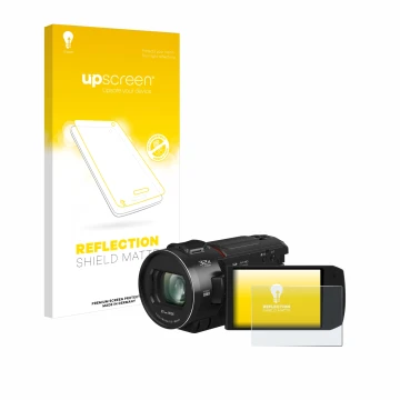 Vorderseite einer Produktverpackung mit dem Markenlogo upscreen. Daneben ist das Gerät Panasonic HC-VX3 mit dem zugehörigen Di