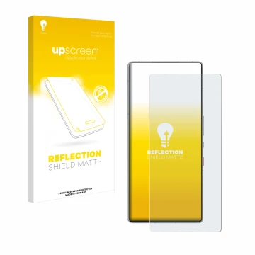 Vorderseite einer Produktverpackung mit dem Markenlogo upscreen. Daneben ist das Gerät ZTE Nubia Red Magic 10 Pro mit dem zuge