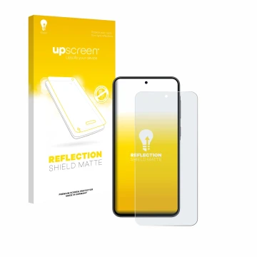 Vorderseite einer Produktverpackung mit dem Markenlogo upscreen. Daneben ist das Gerät Samsung Galaxy A36 5G mit dem zugehörig