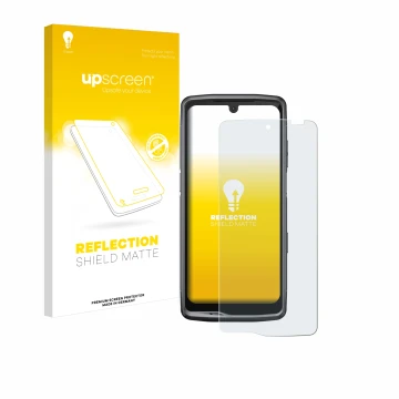 Vorderseite einer Produktverpackung mit dem Markenlogo upscreen. Daneben ist das Gerät Crosscall Stellar M6 mit dem zugehörige