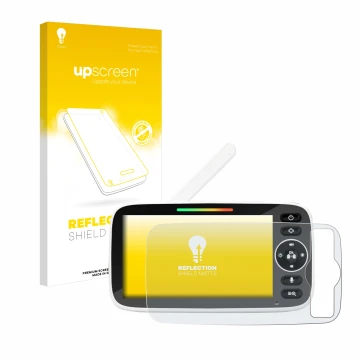 Vorderseite einer Produktverpackung mit dem Markenlogo upscreen. Daneben ist das Gerät Yuede Babyphone Monitor 5