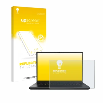 Vorderseite einer Produktverpackung mit dem Markenlogo upscreen. Daneben ist das Gerät Razer Blade 16 2024 mit dem zugehörigen