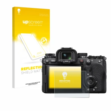 Vorderseite einer Produktverpackung mit dem Markenlogo upscreen. Daneben ist das Gerät Sony Alpha 1 II (ILCE1M2B) mit dem zuge