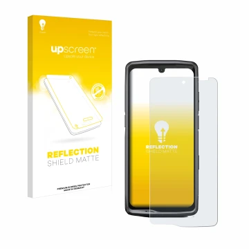 Vorderseite einer Produktverpackung mit dem Markenlogo upscreen. Daneben ist das Gerät Crosscall Stellar M6E mit dem zugehörig