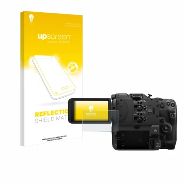 Vorderseite einer Produktverpackung mit dem Markenlogo upscreen. Daneben ist das Gerät Canon EOS C400 mit dem zugehörigen Disp