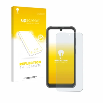 Vorderseite einer Produktverpackung mit dem Markenlogo upscreen. Daneben ist das Gerät Blackview BV5200 Pro mit dem zugehörige