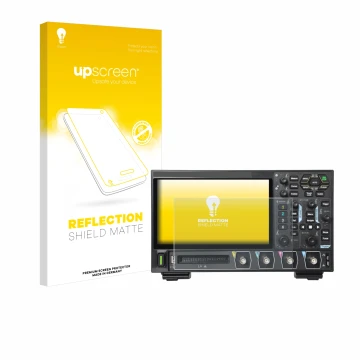 Vorderseite einer Produktverpackung mit dem Markenlogo upscreen. Daneben ist das Gerät Rigol DHO914 mit dem zugehörigen Displa