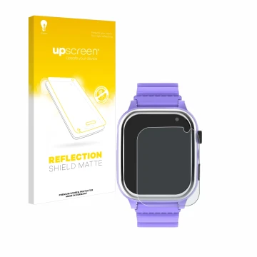 Vorderseite einer Produktverpackung mit dem Markenlogo upscreen. Daneben ist das Gerät Jubunrer Kids Smartwatch mit dem zugehö