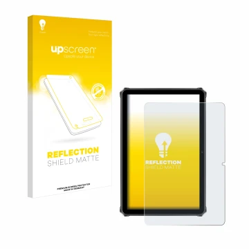 Vorderseite einer Produktverpackung mit dem Markenlogo upscreen. Daneben ist das Gerät Oukitel RT9 mit dem zugehörigen Display