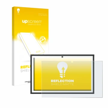 Vorderseite einer Produktverpackung mit dem Markenlogo upscreen. Daneben ist das Gerät Echo Show 21 mit dem zugehörigen Displa