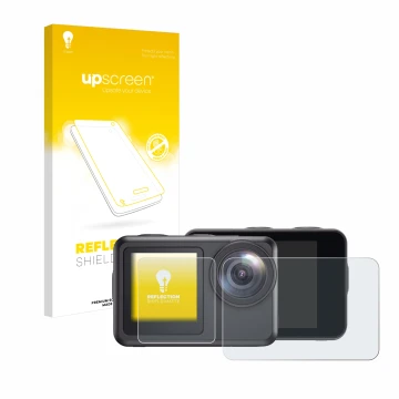 Vorderseite einer Produktverpackung mit dem Markenlogo upscreen. Daneben ist das Gerät Akaso Brave 7 LE mit dem zugehörigen Di