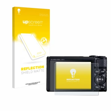 Vorderseite einer Produktverpackung mit dem Markenlogo upscreen. Daneben ist das Gerät Canon PowerShot SX740 HS Lite mit dem z