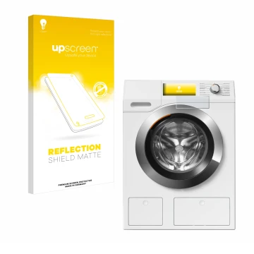 Vorderseite einer Produktverpackung mit dem Markenlogo upscreen. Daneben ist das Gerät Miele WEH875 mit dem zugehörigen Displa