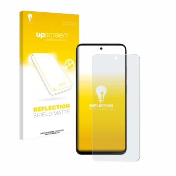 Vorderseite einer Produktverpackung mit dem Markenlogo upscreen. Daneben ist das Gerät Motorola Moto G15 Power mit dem zugehör