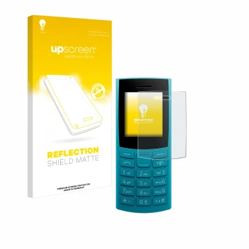 Vorderseite einer Produktverpackung mit dem Markenlogo upscreen. Daneben ist das Gerät Nokia 105 4G 2nd Edition mit dem zugehö