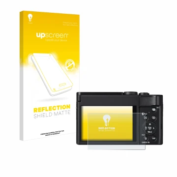 Vorderseite einer Produktverpackung mit dem Markenlogo upscreen. Daneben ist das Gerät Panasonic Lumix DC-TZ99 mit dem zugehör