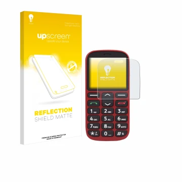 Vorderseite einer Produktverpackung mit dem Markenlogo upscreen. Daneben ist das Gerät Doro 1360 mit dem zugehörigen Displaysc