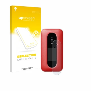 Vorderseite einer Produktverpackung mit dem Markenlogo upscreen. Daneben ist das Gerät Doro Leva L30 (Äußeres Display) mit dem