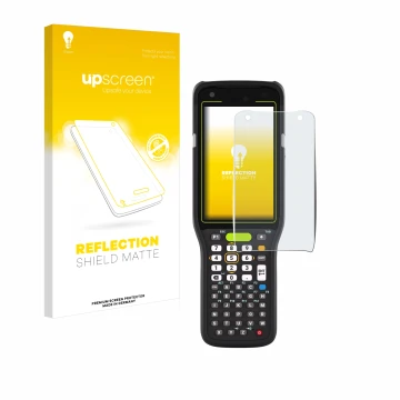 Vorderseite einer Produktverpackung mit dem Markenlogo upscreen. Daneben ist das Gerät Zebra MC3400 mit dem zugehörigen Displa