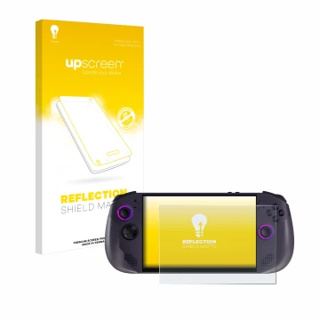 Vorderseite einer Produktverpackung mit dem Markenlogo upscreen. Daneben ist das Gerät Lenovo Legion Go S mit dem zugehörigen 