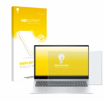 Vorderseite einer Produktverpackung mit dem Markenlogo upscreen. Daneben ist das Gerät HP Envy 17-da0777ng mit dem zugehörigen