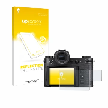 Vorderseite einer Produktverpackung mit dem Markenlogo upscreen. Daneben ist das Gerät Leica SL3-S (Display + Schulterdisplay)