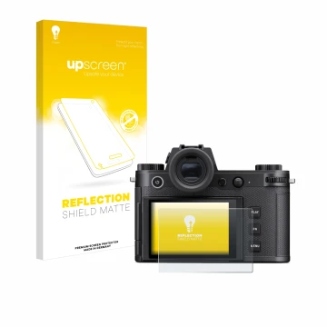 Vorderseite einer Produktverpackung mit dem Markenlogo upscreen. Daneben ist das Gerät Leica SL3-S mit dem zugehörigen Display
