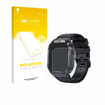 Vorderseite einer Produktverpackung mit dem Markenlogo upscreen. Daneben ist das Gerät bedee Smartwatch 1.96